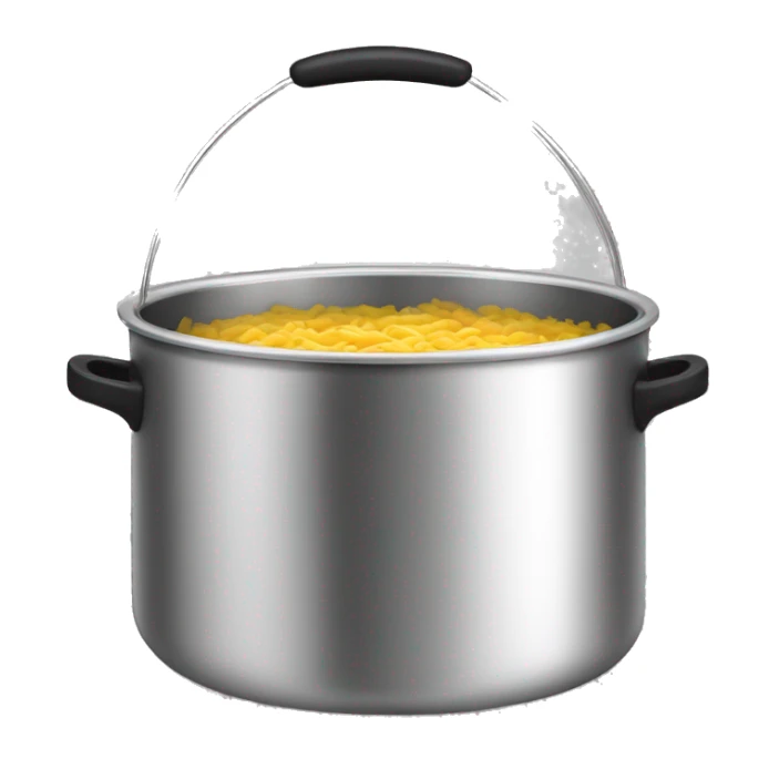 Stainless steel pot with black handlers, food inside sticker