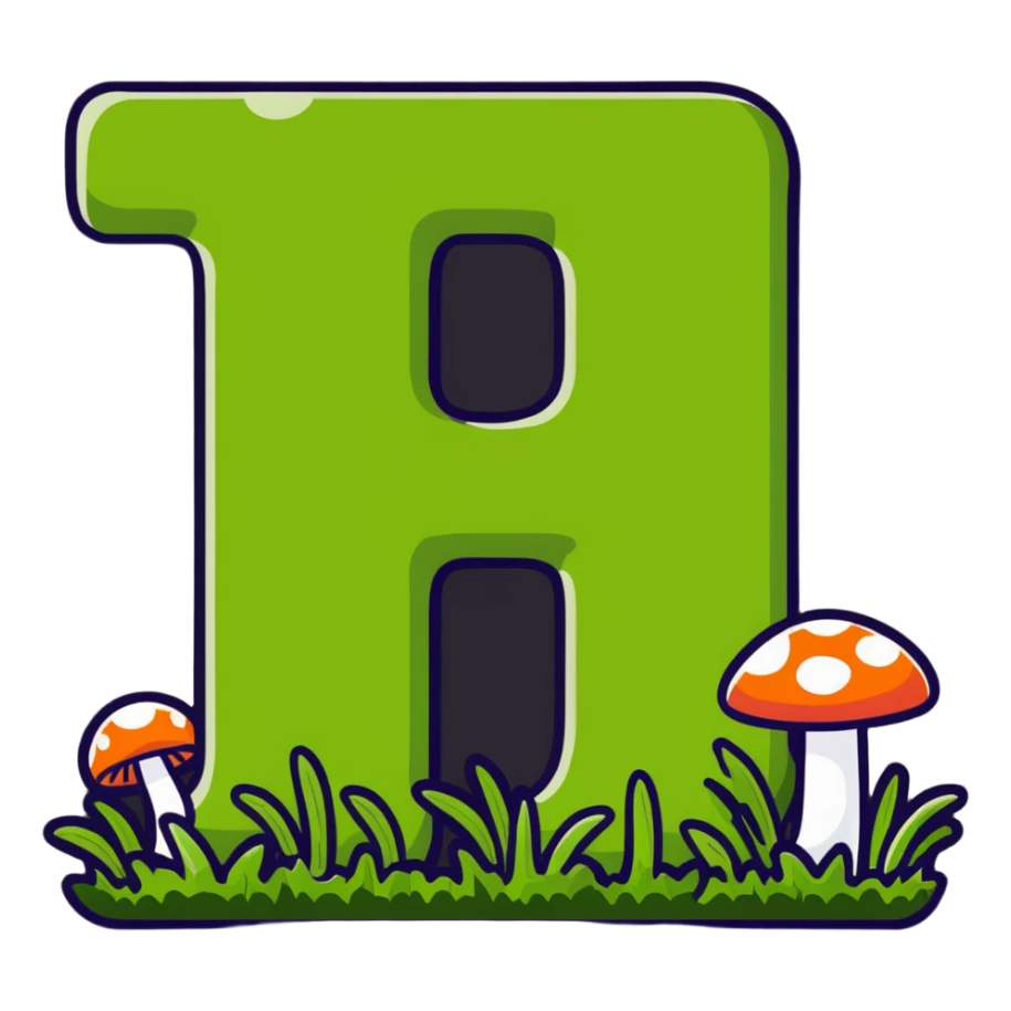 Notion logo as a block covered with moss, grass and tiny mushrooms, letter N still visible sticker