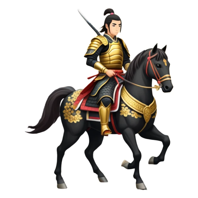 An icon representing an adventure game, inspired by feudal Japan. The design features a disciplined samurai riding a noble warhorse, its armor adorned with intricate patterns. A backdrop of cherry blossoms and a setting sun over a distant pagoda conveys a sense of honor, tradition, and battle-readiness. Transparent background. sticker