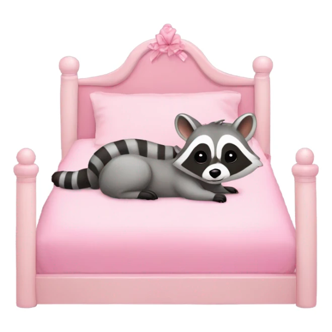 princess style bed with sleeping cute racoon wearing pink bow on head in it sticker