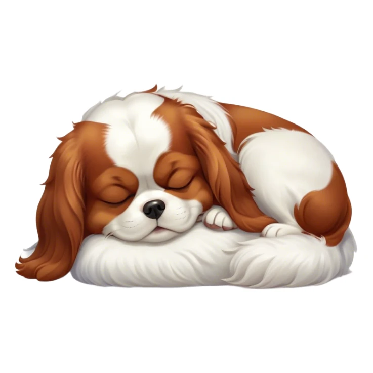 Cinematic Meme-Worthy Chubby Sleeping Cavalier King Charles Spaniel Portrait Emoji, Head resting peacefully with a contented smile, showcasing a delightfully chubby build and a luxuriously soft coat of chestnut and white, eyes shut in a serene nap, Simplified yet hilariously adorable features, highly detailed, glowing with a soft, drowsy light, high shine, relaxed and utterly lovable, stylized with an air of playful laziness, bright and heartwarming, soft glowing outline, capturing the essence of a comically sleepy Cavalier King Charles Spaniel, so meme-worthy it feels like it could instantly become the next viral sensation of adorable slumber! sticker