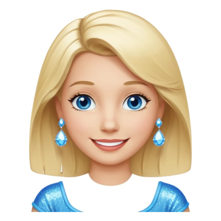 make this real, blond, below shoulder, blue eyes, 50s, sparkle in the eyes, fun, smile, no earings, relaxed style sticker
