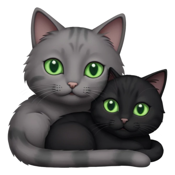1 grey cat with green eyes and 1 black with green eyes cat cuddling sticker