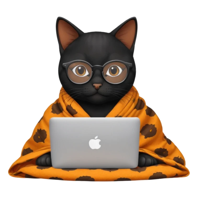 A black female cat working on a MacBook, with round frames and thin glasses, and she wears a blanket with an orange fruit pattern sticker