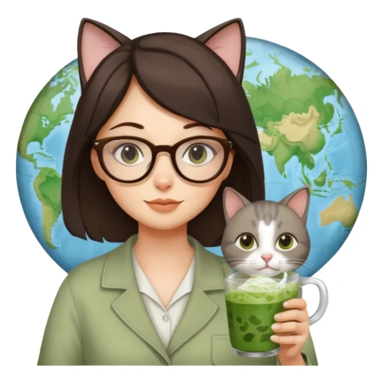 a brunette woman in here 30S drinking an iced matcha, carrying a grey cat and a map of the world sticker