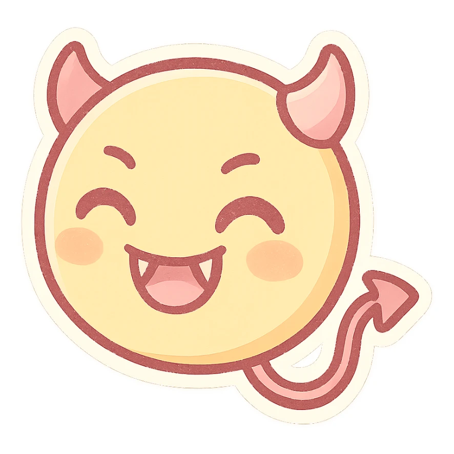 devil emoji, pastel yellow and pink, round face, small fangs, playful, pastel palette sticker
