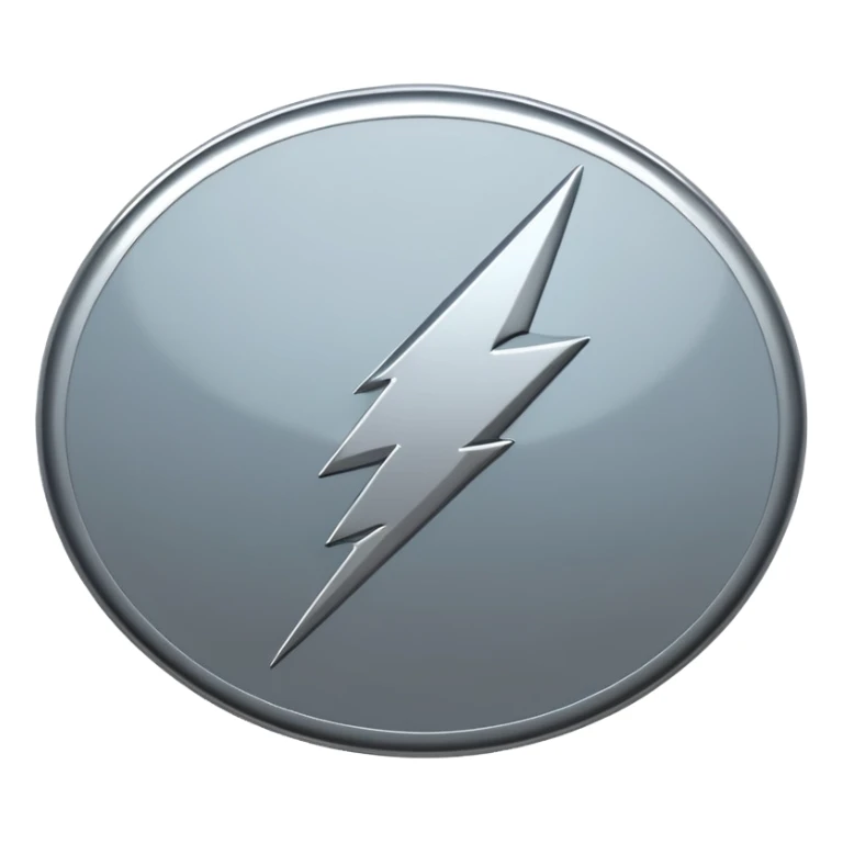 A lightning bolt emoji made of polished silver chrome, sharp yet rounded edges, glossy metallic surface, soft reflections, minimal futuristic design, iOS emoji style, centered, clean white background sticker