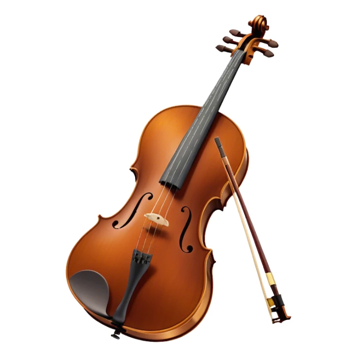 Create an elegant and refined emoji representing the Cremona cello with a Hans Klein HKCB bow. The design should feature the curved wooden body of the cello with a rich, glossy finish, capturing its classical shape and intricate details. The bow should be displayed with fine craftsmanship, highlighting the hair and the smooth, polished wooden stick. Include subtle musical notes floating around the instrument to emphasize its rich, melodic sound. Use deep wood tones like chestnut brown, gold accents for the fittings, and soft lighting effects to give the instrument a timeless, professional feel. The background should be transparent. sticker