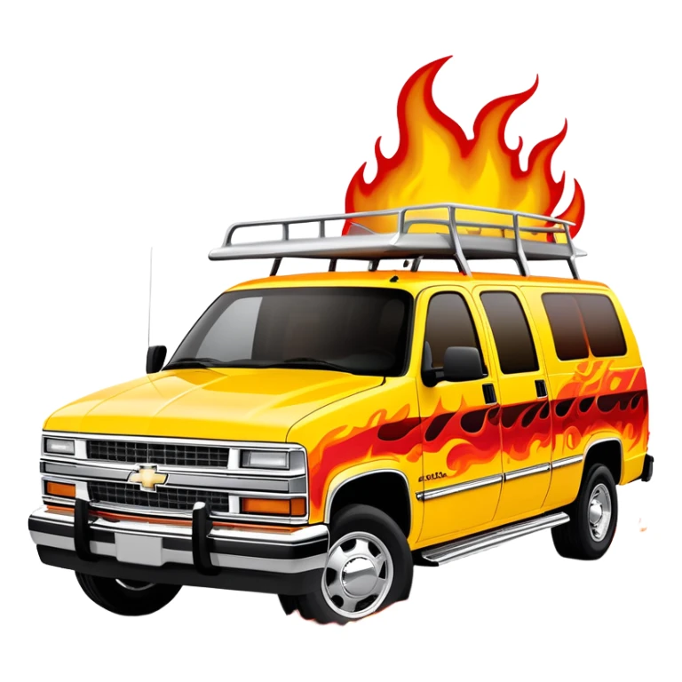 Yellow 1997 Chevrolet C-2500 Crew Cab with dramatic airbrushed red flame artwork flowing from front to sides, detailed flame design exactly like Kill Bill's Pussy Wagon, 30-degree view, iOS emoji style sticker