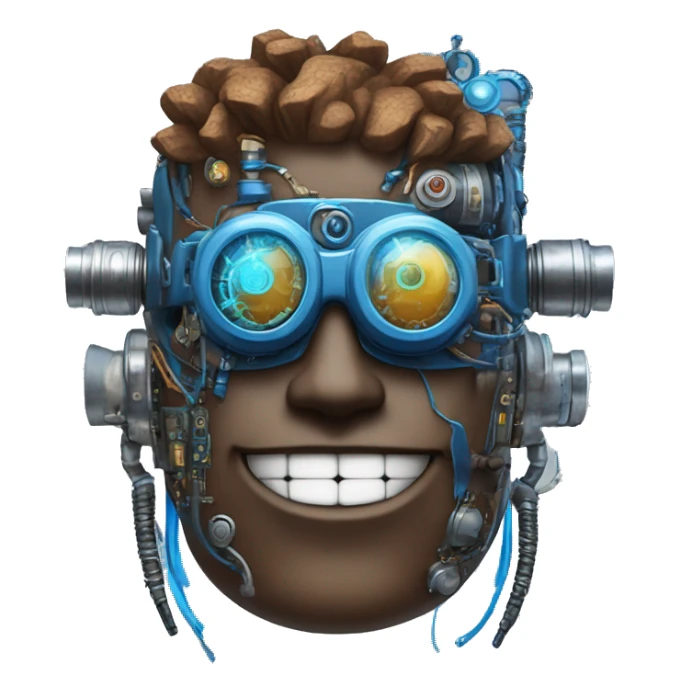 Brown cyborg head with blue Mohawk, blue beard, silver steampunk monocle goggles a smile and circuits sticker