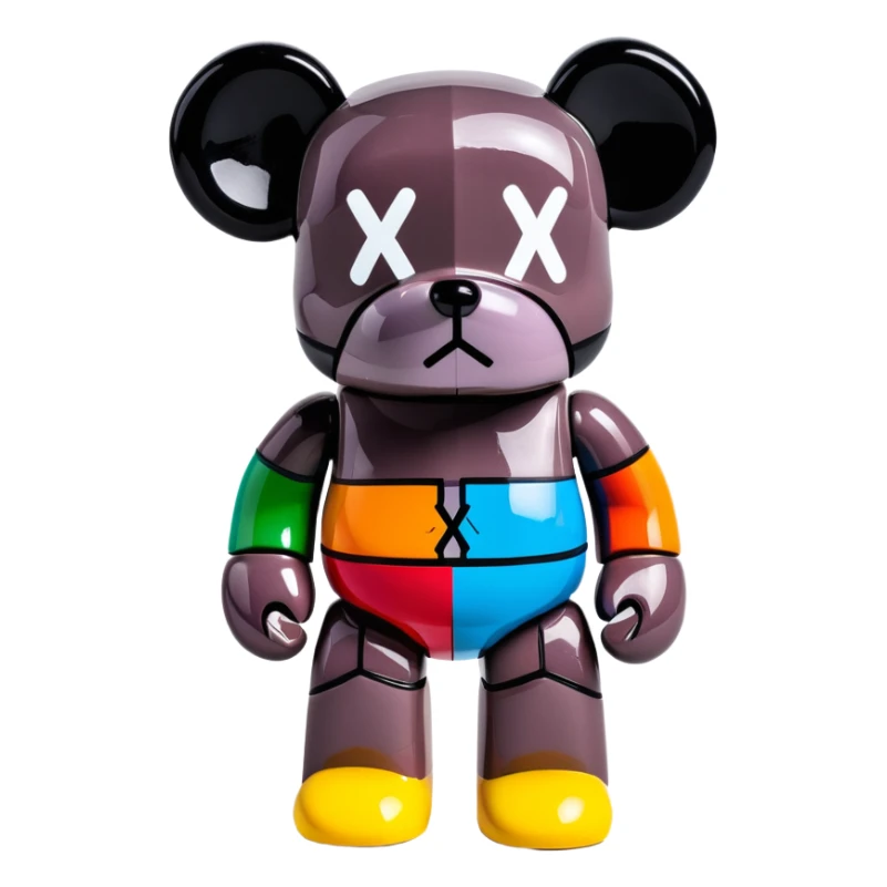 Bearbrick figure with classic KAWS crossed-out X eyes, colorful bear-shaped collectible toy with articulated limbs sticker