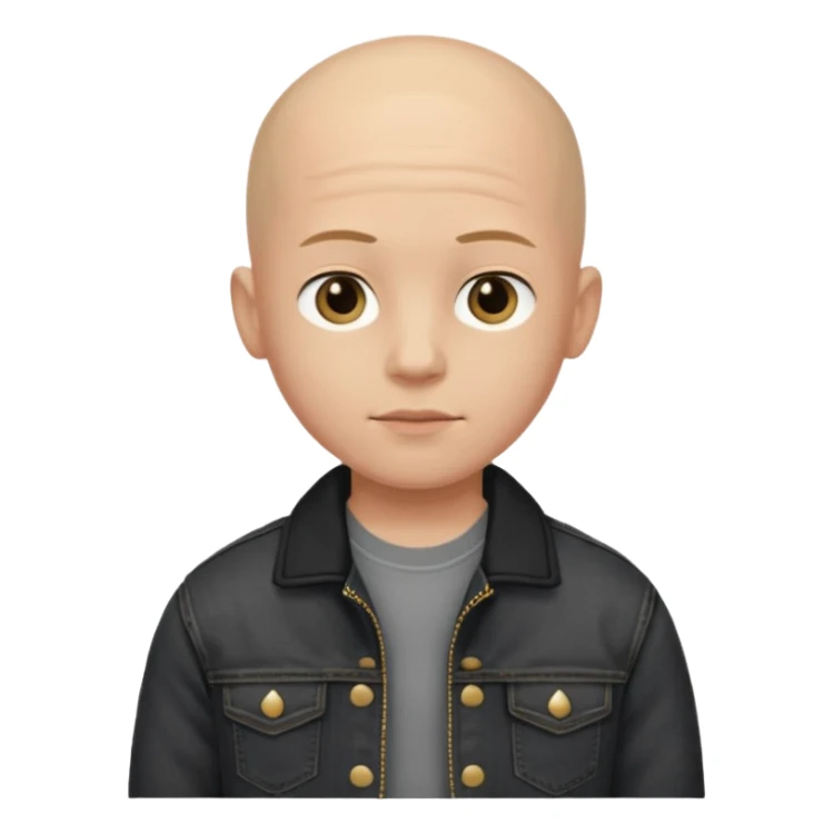  a boy with bald head, black jeans jacket, plain forehead sticker