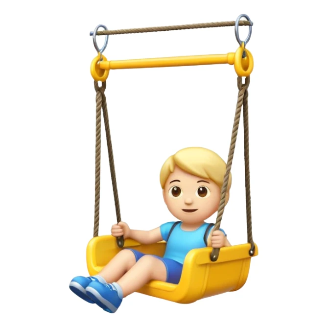 iOS-style 3D emoji: a colorful plastic child swing with a safety bar in front, hanging from two ropes, glossy surface and soft shadows sticker