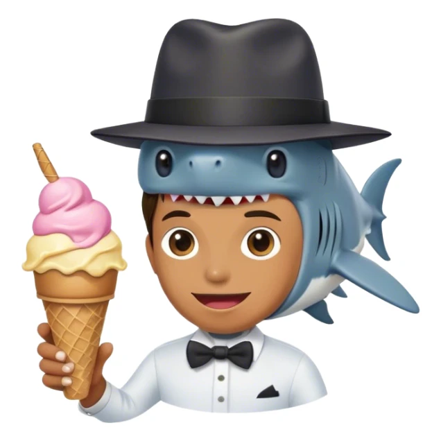 A person having a shark as their head while wearing a tophat and holding an ice cream sticker