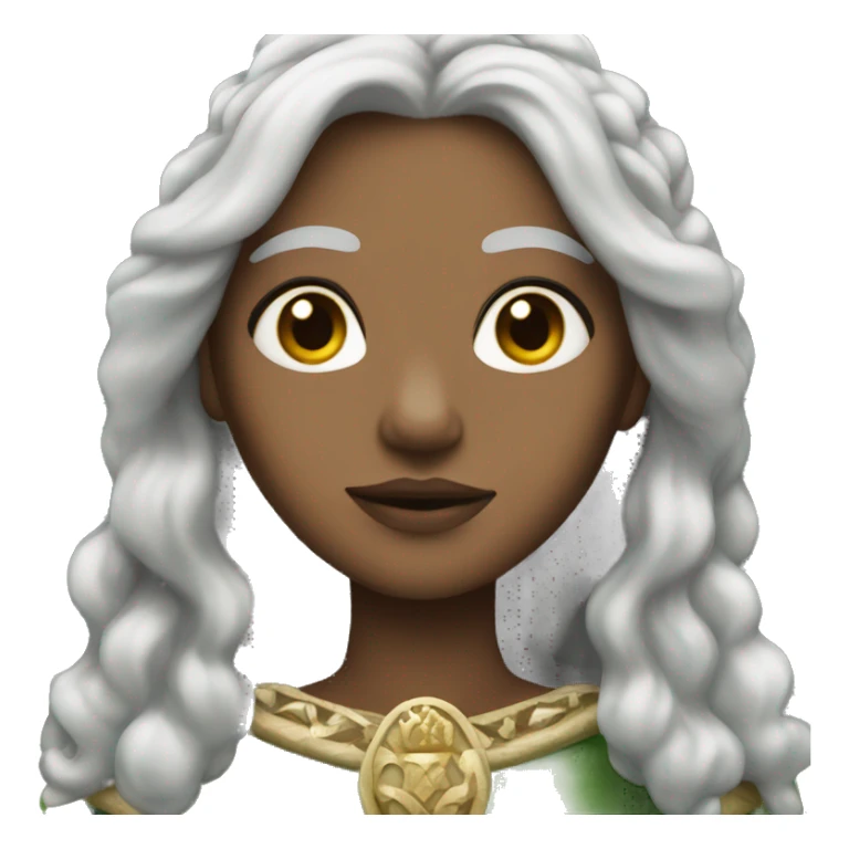 Irish Queen with light skin long gray hair and a crown sticker