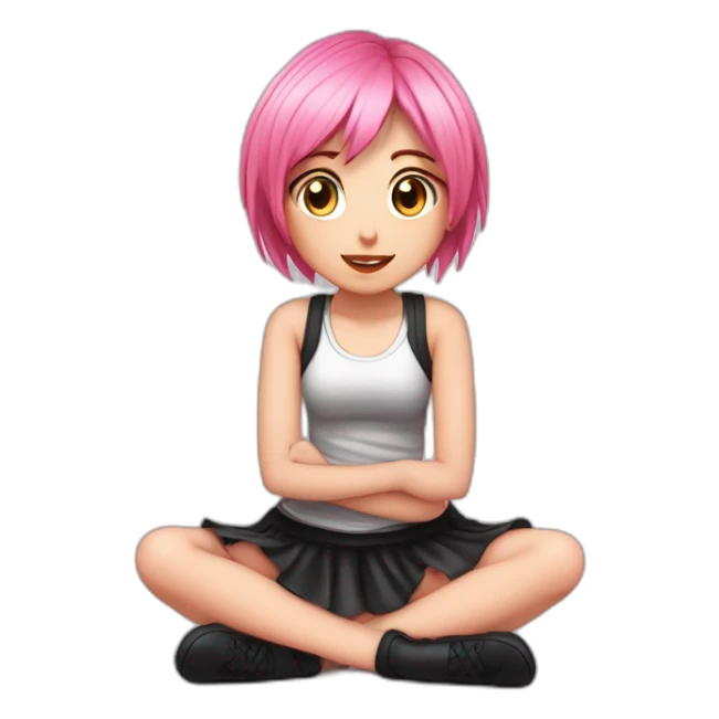 Full body Front view curvy emo girl pink hair sits on the floor straight view hands up black skirt белые трусики полосатые рваные чулки sticker