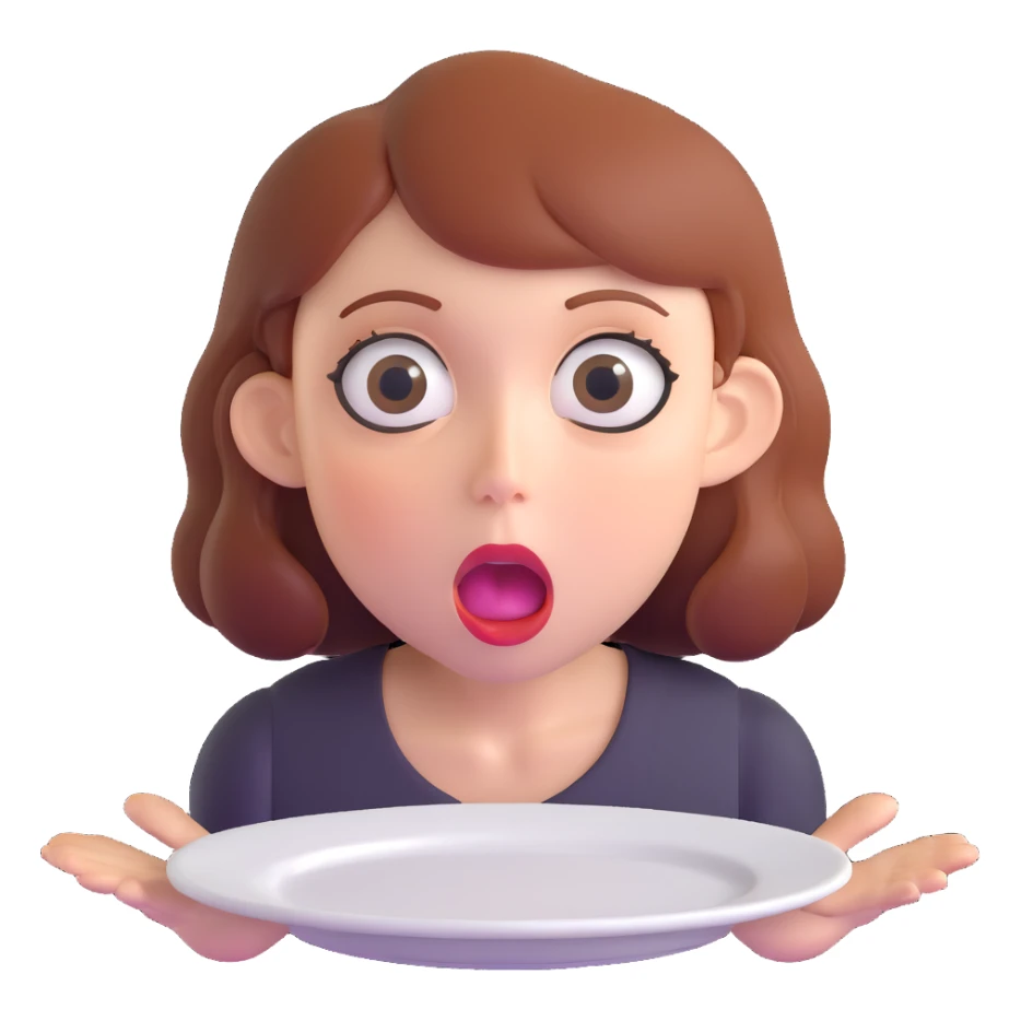 hungry woman with big eyes, open mouth, and empty plate in front of her sticker