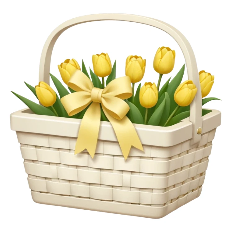 A white Picnic basket with yellow pastel bow, white peonie, tulips sticker