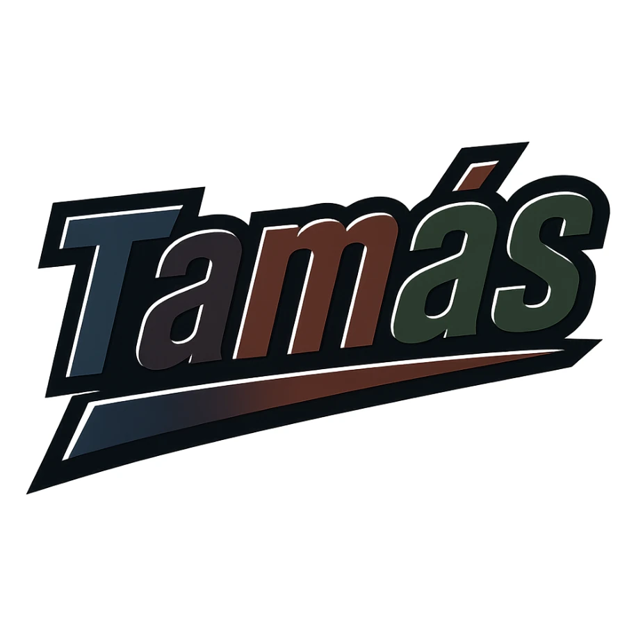 Text image of the name 'Tamás' in a masculine, modern, gradient font with precise Hungarian characters, dark contour, extra thick, prominent white border as in sample images, dynamic slanted underline, masculine color shades (blue, gray, burgundy, green, brown), 1000x1000 px, PNG, transparent background. sticker