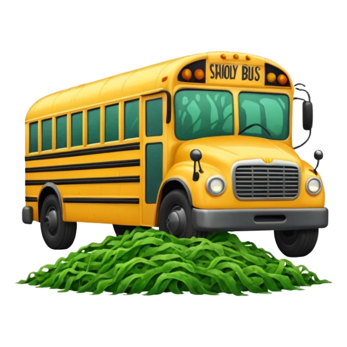 Front view of a School bus covered in seaweed sticker