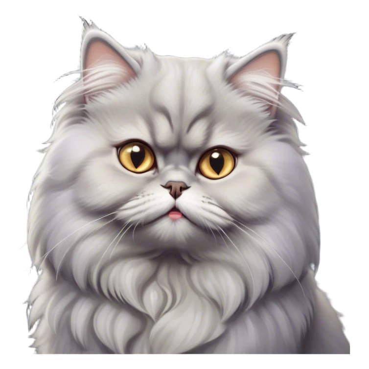 Cinematic Derpy grumpy comical Grey Persian Cat Portrait Emoji, Head tilted playfully with an adorably awkward expression, fluffy grey fur with soft silver undertones, Simplified yet hilariously derpy features, highly detailed, glowing with a warm but slightly confused glow, high shine, a mix of lazy and clueless, stylized with a touch of whimsy, bright but with a completely derpy and grumpy face, soft glowing outline, capturing the essence of a quirky yet chubby, grumpy kitty, so endearing it feels like it could stretch out of the screen and demand attention with its wonderfully derpy charm! sticker