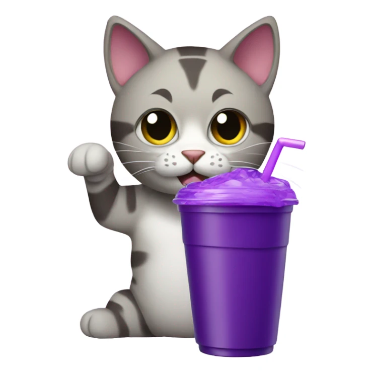 Cat holding styrofoam cup with purple juice sticker