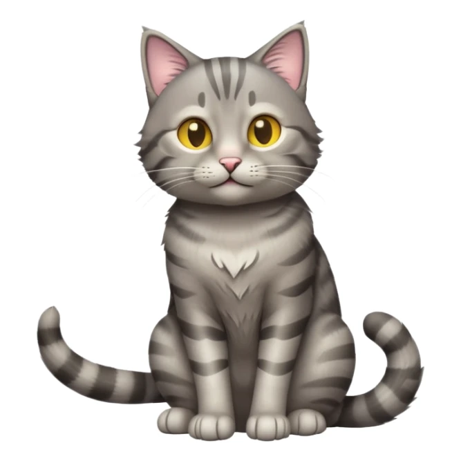 cinematic-[grey tabby cat]-realistic-full-body-sitting-emoji,-tail-curled-playfully-around-its-paws,-head-tilted-dramatically,-scruffy-[grey]-fur,-simplified-yet-realistic-focused-features,-highly-detailed,-glowing-with-an-almost-sarcastic-glow sticker