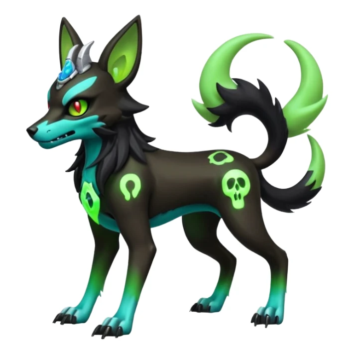 Hyper realistic horned slim skeletal black and neon green futuristic shiny colorful bioluminescent cyber-Poochyena-Lycanroc-Zorua-Litten-Houndoom-Fakémon-Pokémon-Digimon-hybrid-fusion (full body) with a skull face sticker