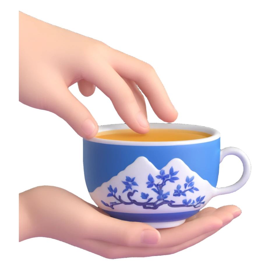 human hand holding a small traditional Chinese blue and white porcelain tea cup without handle sticker