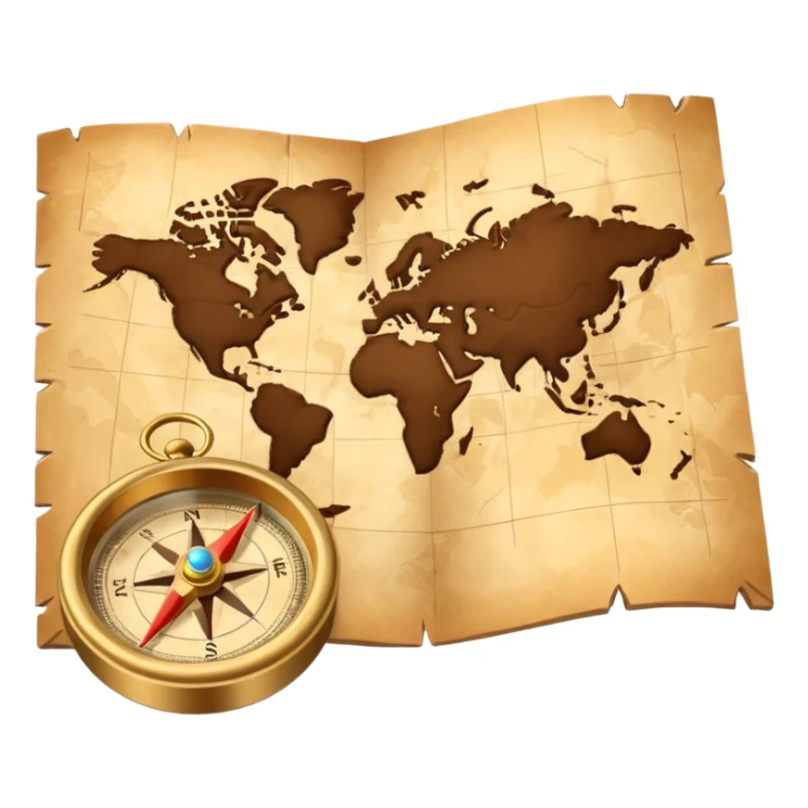3D Brown golden map with Travel compass pointing to adventure sticker