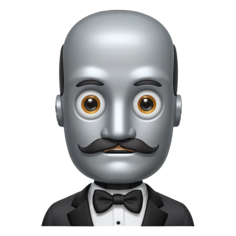 Gray Robot with a square head, thick handlebar moustache, headlight eyes, wearing a tuxedo, buff sticker