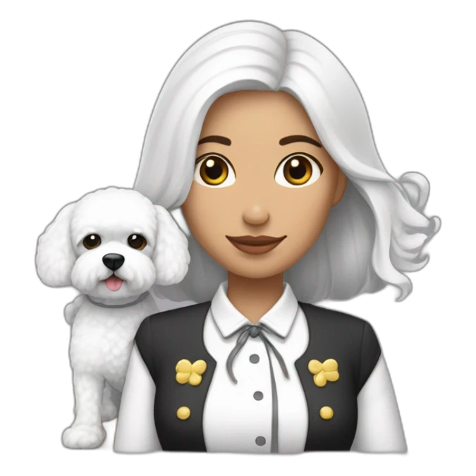 mujer piel blanca con moño negro y con perro bichon blanco sticker