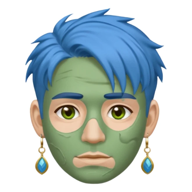 messy green clay mask man with earrings and blue hair sticker