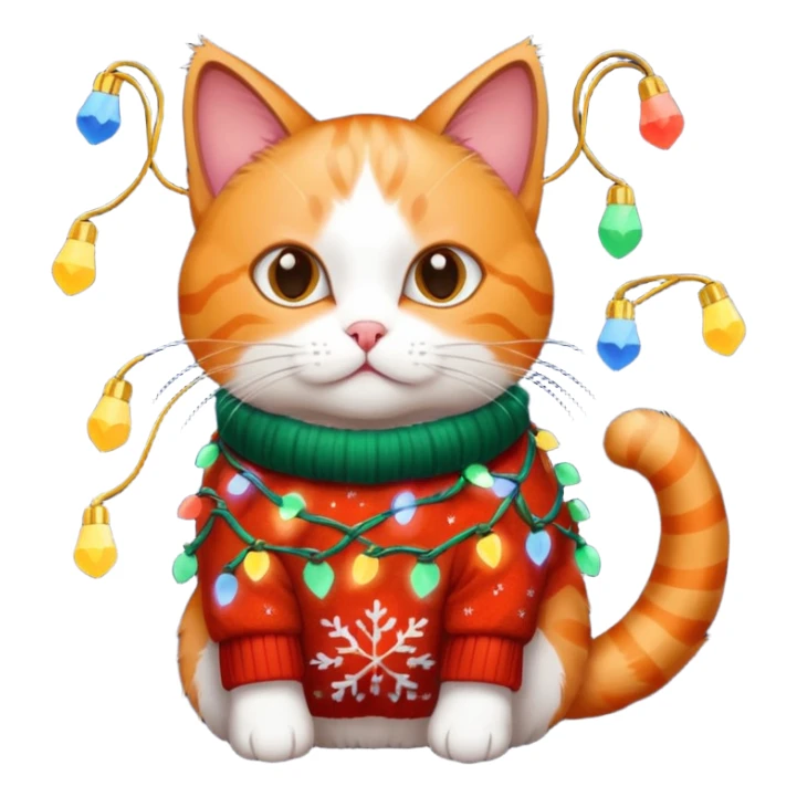 cat wearing a christmas sweater wrapped in christmas lights sticker