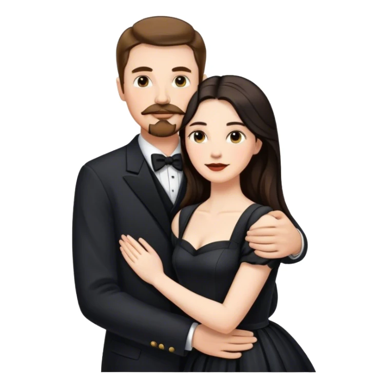 married couple portrait, tall white man with brown hair goatee mustache embracing a pale woman with long black hair, wearing formal clothing sticker