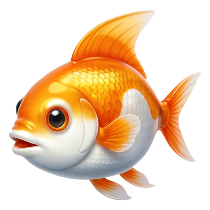 Cinematic Cute Orange and White Goldfish Portrait Emoji, Head tilted playfully and inquisitively, featuring a glossy, vibrant body adorned with a striking mix of orange and white, round, sparkling golden eyes filled with curiosity, Simplified yet irresistibly adorable features, highly detailed, glowing with a warm, friendly glow, high shine, affectionate and lively, stylized with a touch of whimsy, bright and endearing, soft glowing outline, capturing the essence of a mischievous yet loving goldfish, so playful it feels like it could swim out of the screen and into your heart! sticker