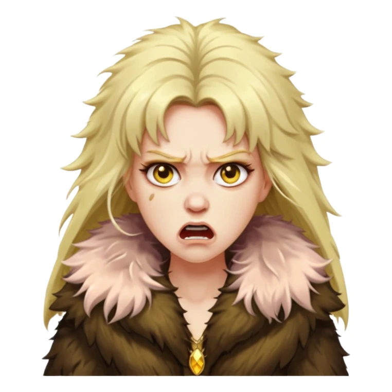 Cinematic Realistic Ultra HD - very Angry, High Nose - Glamor Plunge Hilary Duff Extreme Long Long Hairstyle in Shaggy Fur Coat with Gold Flash sticker