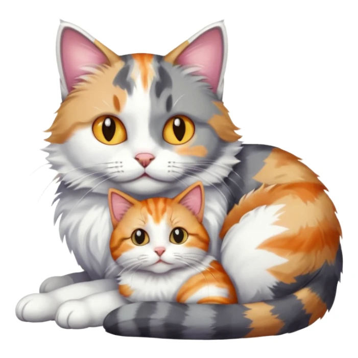 grey and white cat cuddling a colourful light patched calico + white tabby cat sticker