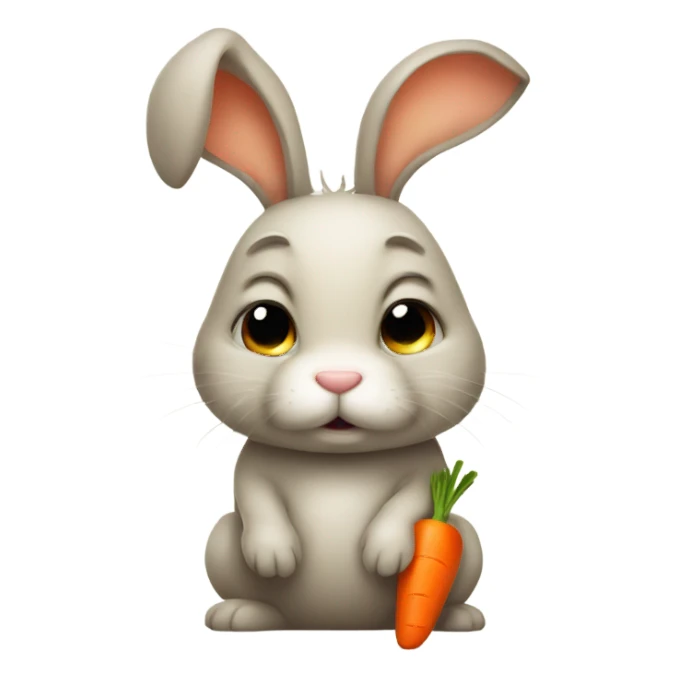 Little bunny with carrot in its mouth and a sad face sticker