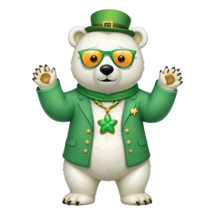 full body friendly anthropomorphised polar bear wearing oversized colorful star glasses and festive St. Patrick's Day outfit, playful pose sticker