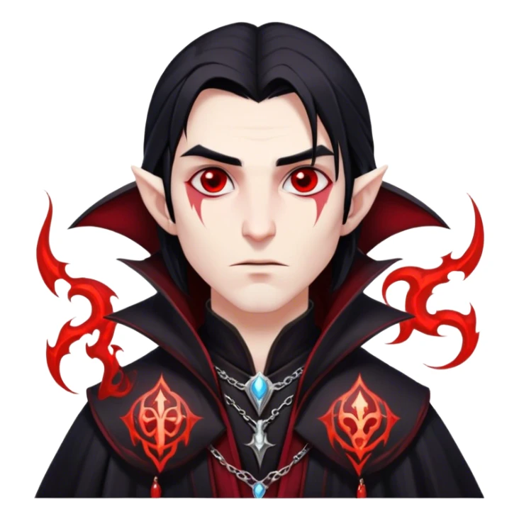 Cinematic Realistic WoW Vampire Mage Portrait, head tilted epicly and inquisitively, showcasing a commanding presence and ancient arcane mastery. His pallid skin and sleek dark hair are set against the intricately detailed black robe—with silver accents and mystical runes—that remains consistent in its shadowed elegance. His piercing crimson eyes blaze with forbidden power, rendered with dramatic, lifelike clarity and high shine, epic and awe-inspiring. sticker