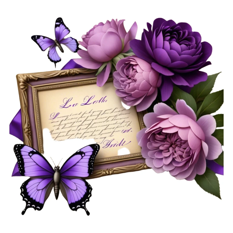 An antique love letter bundle, bound delicately with a purple silk ribbon, rests beside an arrangement of dried blush violet roses, lilac peonies, and soft purple dahlias, while a silver butterfly brooch adorned with pearls seems to pause, captivated by the deep violet inked calligraphy flowing across the aged parchment. sticker