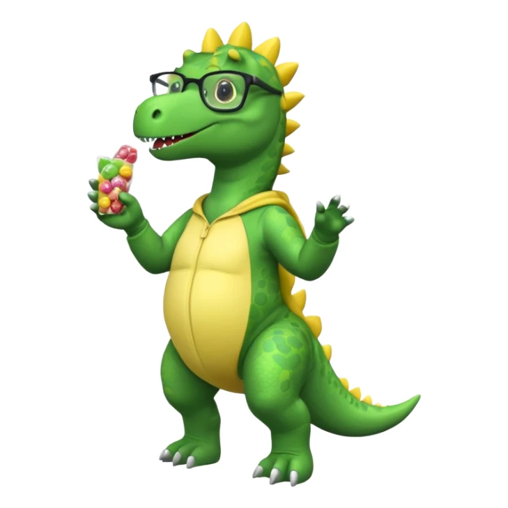 Dinosaur with glasses in a banana onesie filled with candy packets sticker