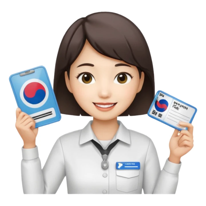 A Korean short-haired female tour guide is wearing a white shirt, holding her Korean tour guide license in her left hand, which is a horizontal card. sticker