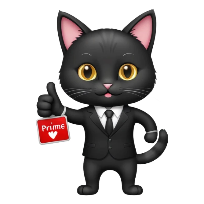 A cat in a black business suit holds a sign with the inscription "PrimeCopy" with one paw and shows a like with the other paw sticker
