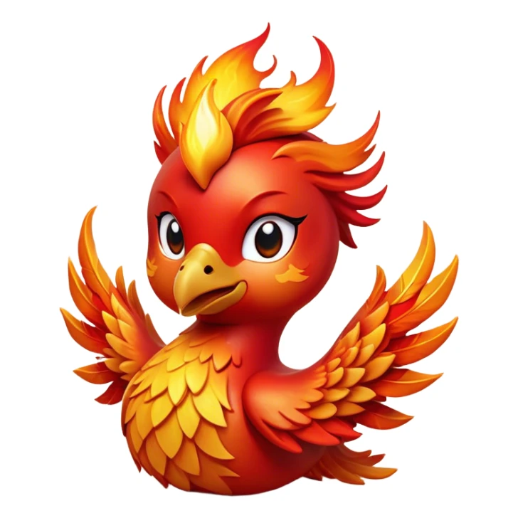 Cinematic Cute fierce & powerful Fire Phoenix Portrait Emoji, Head tilted playfully and inquisitively, showcasing a vibrant, flame-kissed form with intricately detailed feathers in warm shades of red, orange, and shimmering gold, accented by delicate sparks and a gentle, inviting glow; rendered with lifelike detail and soft, radiant light, high shine, enchanting and spirited, styled with a touch of mythic whimsy, soft glowing outline, capturing the essence of a mischievous yet endearing phoenix poised to flutter playfully into your heart! sticker