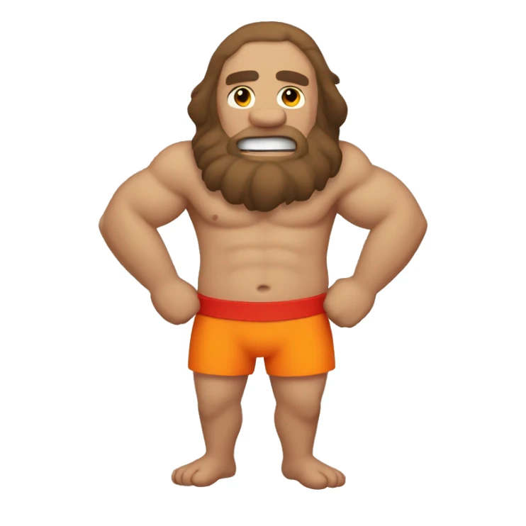 A bald caveman, with red swim trunks, and a orange lifesaver sticker