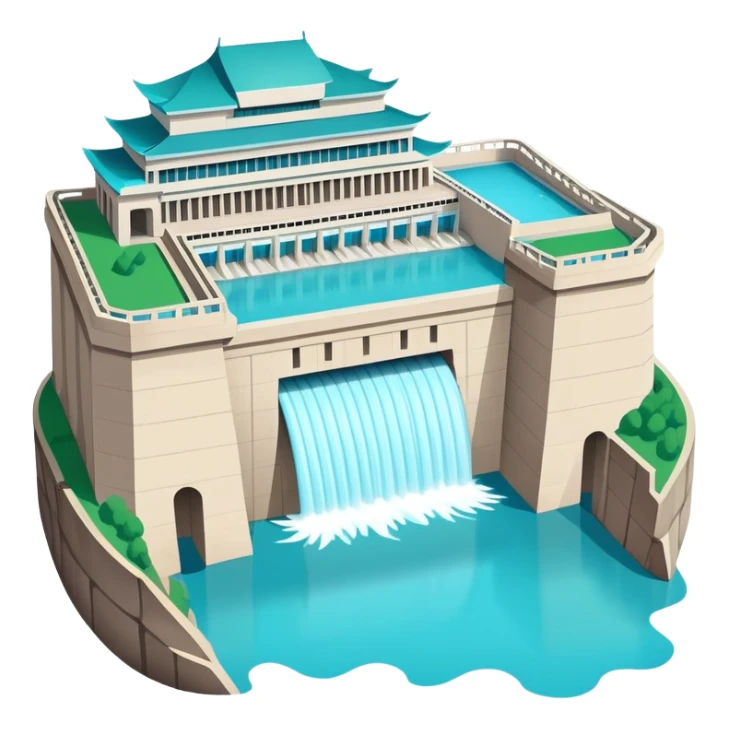 Yangtze River Three Gorges Dam massive structure, simplified emoji style with bold outlines and bright colors, cartoon style dam with water sticker