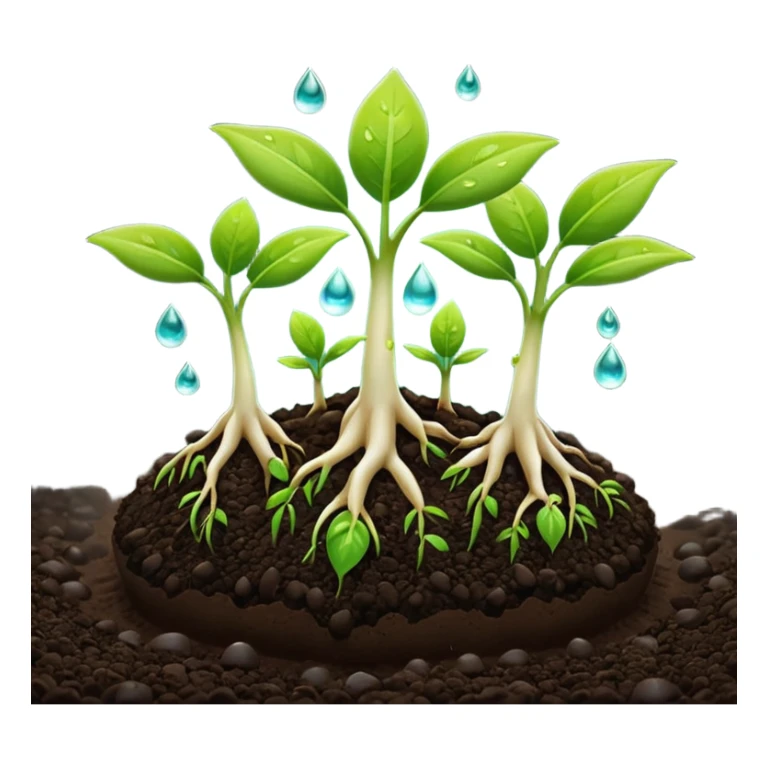A 3D cartoon view of small green seedlings sprouting from dark soil, soft sunlight, water droplets on leaves, minimal background, realistic Memoji-style look. sticker