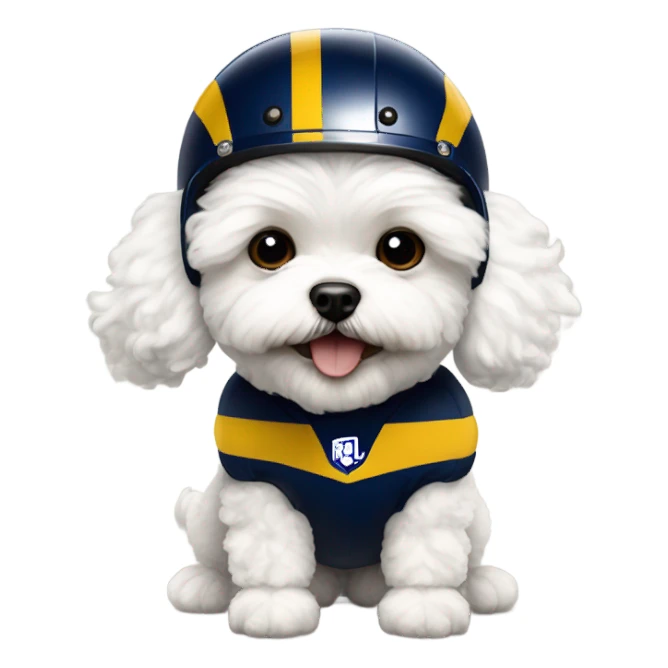 White fluffy maltipoo wearing LA Rams football helmet sticker